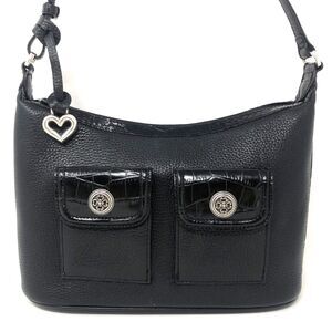 Brighton Pebbled Leather Hobo Shoulder Bag Black Crescent Shaped w/Croc Accents